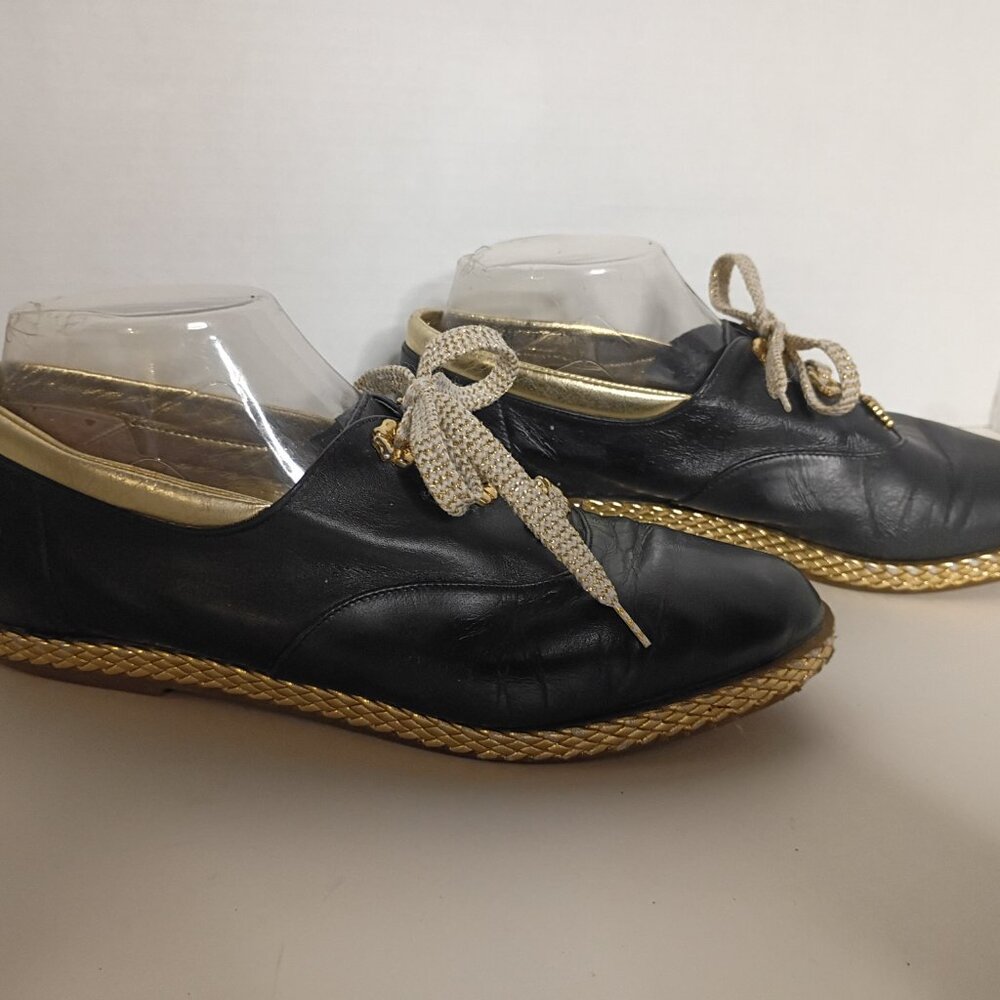Y2K BALLY "Jallut" Italian Oxford Flats Black Leather Gold Trim Sz 9M - Picture 6 of 15